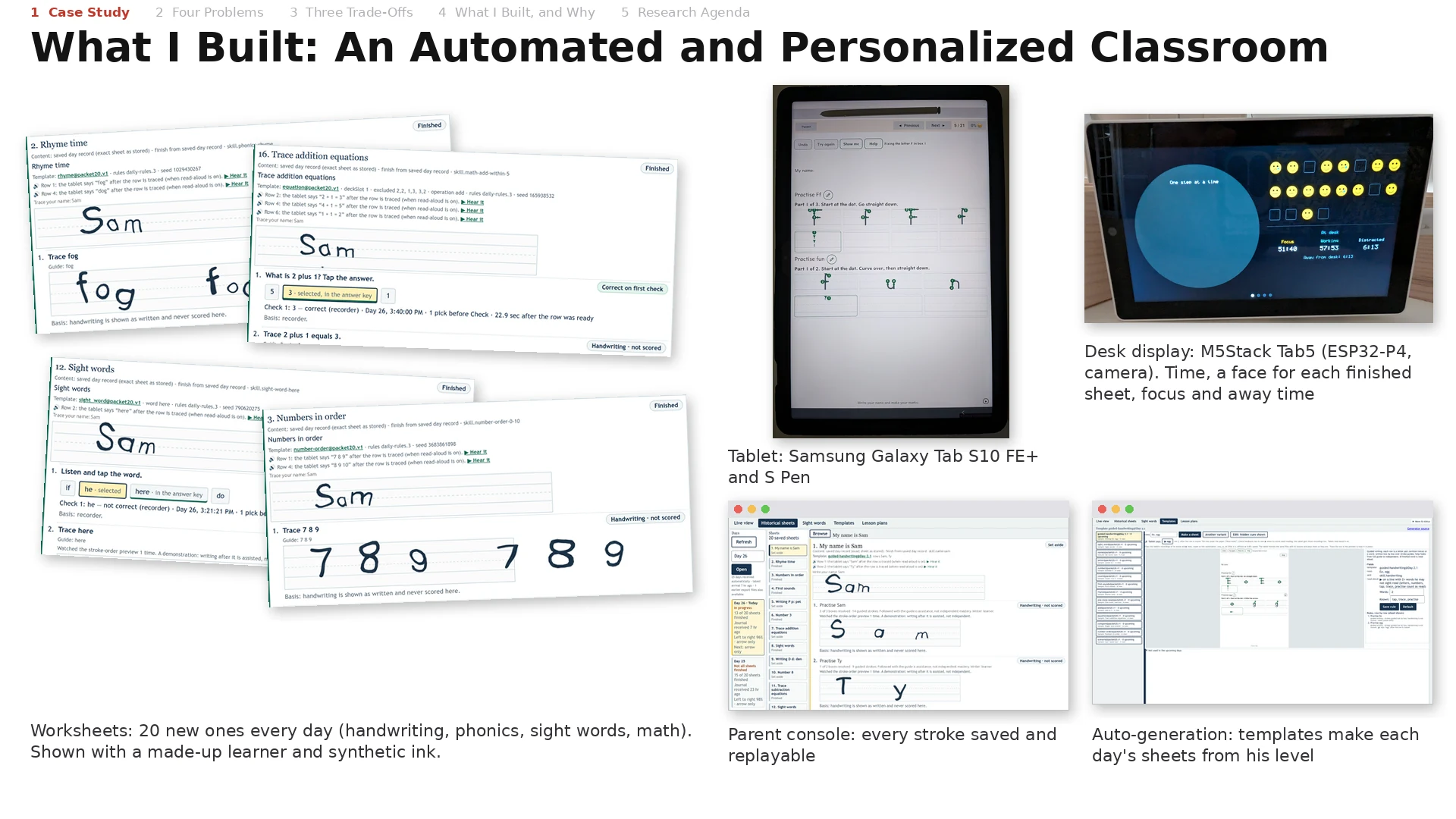 Worksheets with a made-up learner, the tablet, the desk display and the parent console